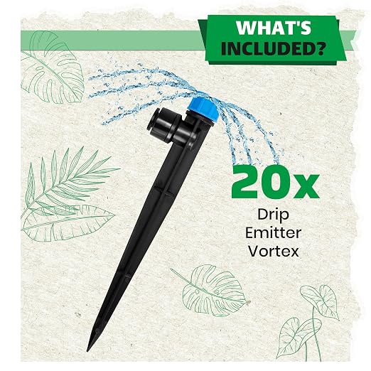 Bonviee 20-Pack 1/4-Inch Quick-Connect Adjustable Drip Emitters, Stream | Push-to-connect stakes deliver targeted watering for vegetables, shrubs, flower beds, and garden plants.