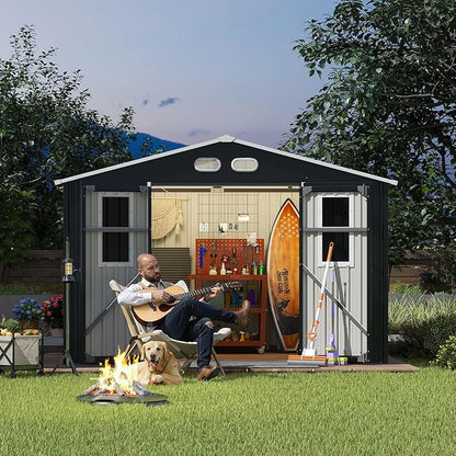 KEIKI Large 8x10 Metal Shed with Four Windows, Lockable Outdoor Storage Shed for Backyard, Tiny House Sheds, Metal Storage Shed for Tools & Equipment, Sheds and Outdoor Storage, Dark Gray