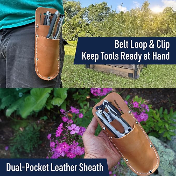 Pruning Shears for Gardening 2-Pack - 7.87” Bypass Pruners and 7.67” Straight Garden Scissors with Carbon Steel Blades and Leather Sheath - Handheld Plant Clippers and Snips by Kings County Tools
