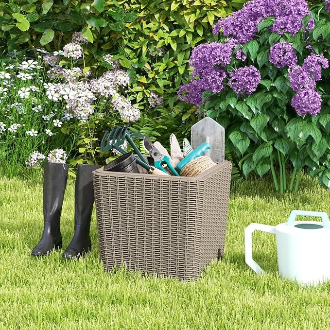 Giantex 11.5 Gallon Deck Box, Outdoor Side Table with Removable Lid, Faux Wicker-Woven, 330Lbs Capacity, Outside Waterproof Storage Box, Resin Rattan Small Coffee Table for Patio Poolside (Brown)