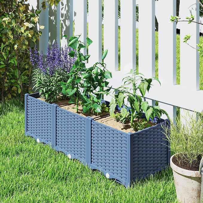 Outsunny 4 x 1 x 1 ft Raised Garden Bed, Indoor Outdoor Plastic Planter Box with Drainage Holes, Drain Plugs and Water Reservoirs for Vegetables, Herbs, Flowers & Succulents, Blue