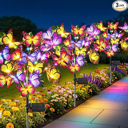 Solar Lights Outdoor, 3 Pack Solar Garden Lights with 111 Colorful LEDs & 51 Realistic Silk Butterflies, IP65 Waterproof Outdoor Solar Light for Yard Patio Garden Decor, Gifts for Mom Grandma