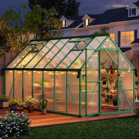 CABIHOME 8x12 FT Outdoor Greenhouse, Polycarbonate Greenhouse with Roof Vent and Ground Nails, Aluminum Large Walk-in Green House w/ Lockable Push Door for Outdoor Garden (Green, 8x14 FT)