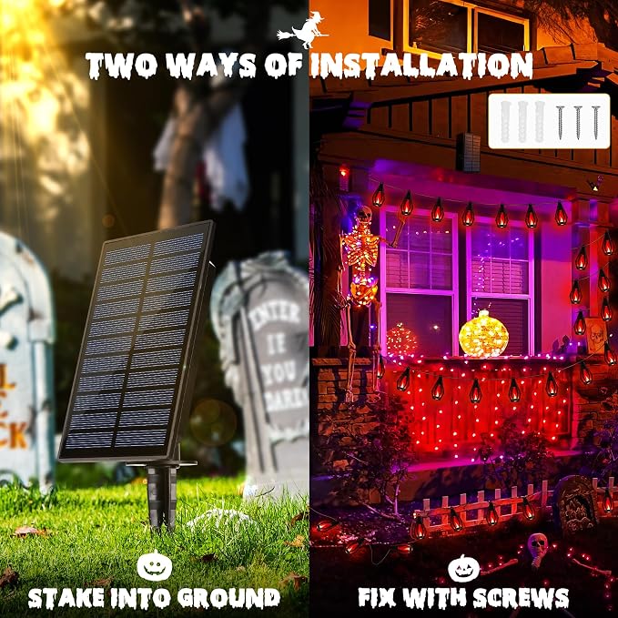 iBaycon 42Ft 15 LED Solar Flame Halloween String Lights, Red | Ultra-Real Flickering Flame Lamp Outdoor Waterproof, Solar Patio String Lights for Garden Yard Lawn Halloween Decorations