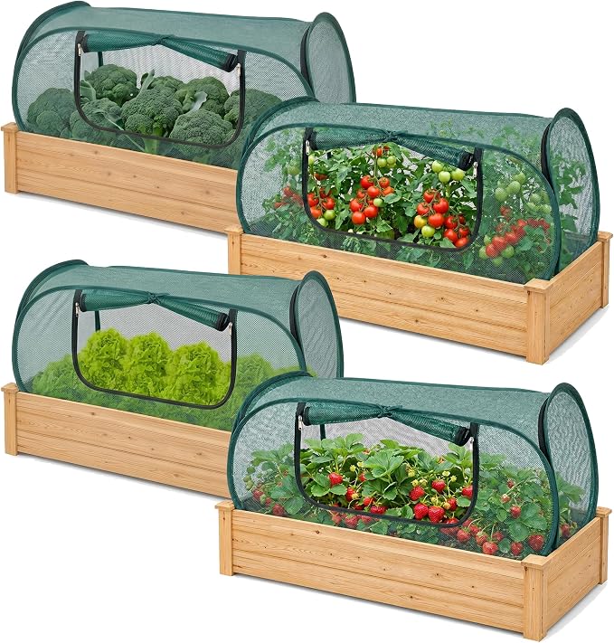 4 Pack Pop Up Mesh Plant Cover, 33% Sunblock Garden Covers for Raised Beds, Breathable Garden Netting for Raised Beds with 16 Stakes for Protecting Seedlings Fruits(44 x 22 x 17.5 in)