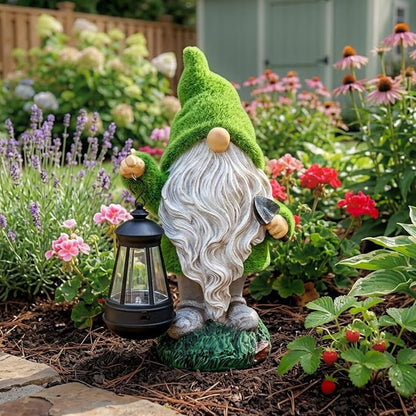 TERESA'S COLLECTIONS Christmas Outdoor Statue for Home, Resin Gnome Decorations with Solar Outdoor Lights for Garden Decor,Green Garden Sculptures & Statues for Front Patio Lawn, Gifts for Mom,8"