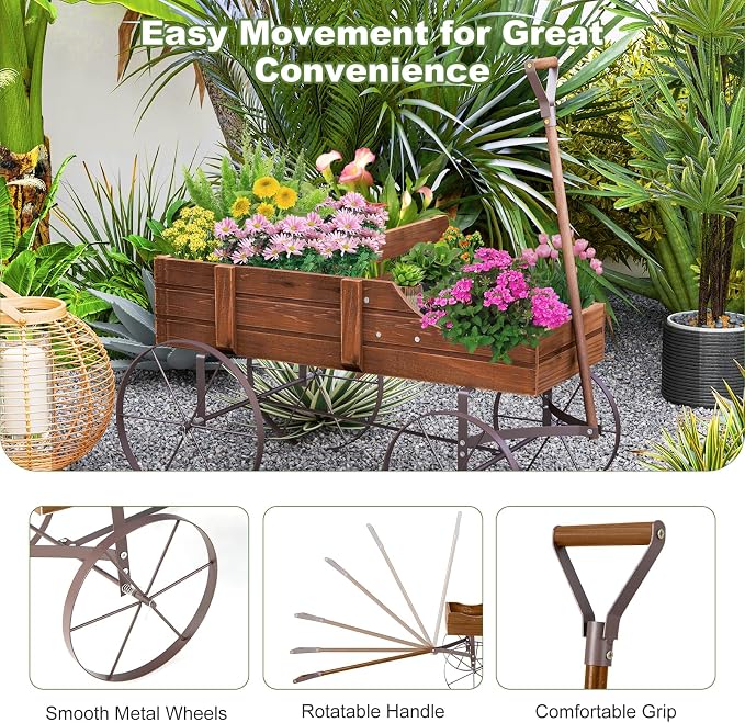 Wooden Wagon Planter, Decorative Flower Pots w/ 2 Planting Sections, Wheels & Handle, Rustic Farmhouse Garden Planter Box for Patio, Yard, Porch (Walnut)