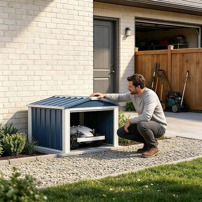 REEMOON 3x3 FT Metal Robot Mower Garage, Small Outdoor Shed, Blue | Open-front metal shelter for robot mowers, garden tools, trash bins, and small backyard equipment; assembly required.