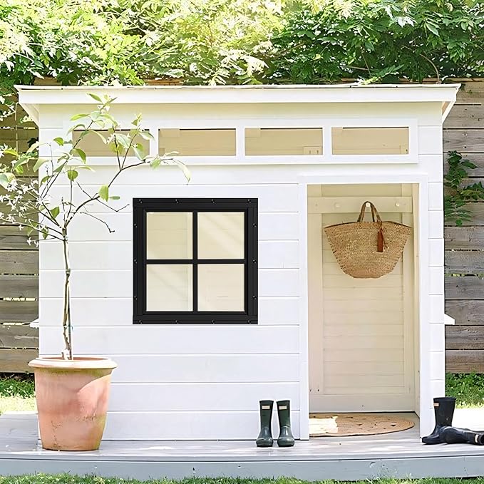 Shed Windows 2 Pack, Chicken Coop Fixed Windows 18" x 18" Black | Square Gable Flush Mounted Small Windows with Tempered Glass for Shed, Barns, Playhouse, Household, Garage
