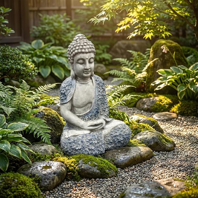 Large 16" Meditating Buddha Statue with Blue Accents, Weatherproof Resin Sculpture for Outdoor Patio Yard Zen Decor, Feng Shui Mindfulness Ornament, Housewarming Spiritual Gift