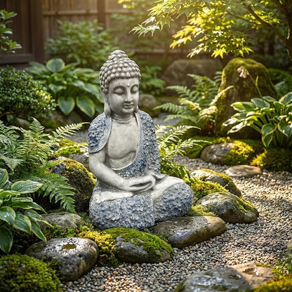 Large 16" Meditating Buddha Statue with Blue Accents, Weatherproof Resin Sculpture for Outdoor Patio Yard Zen Decor, Feng Shui Mindfulness Ornament, Housewarming Spiritual Gift
