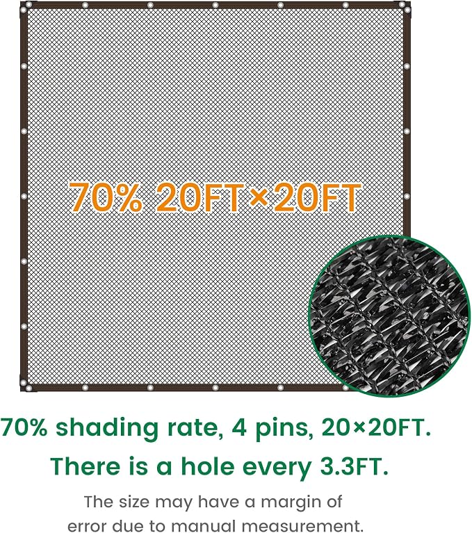 Shade Cloth, 20FT X 20FT 70% Black Outdoor Woven Sun Shade with Grommets, Durable Breathable Netting Shading Antifreezing for Patio, Garden, DIY Home, Plants Cover, Greenhouse, Dog Kennel