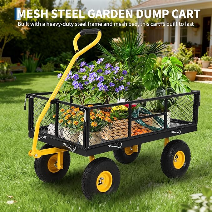 900 Lbs Heavy Duty Steel Garden Cart, Garden Wagon Cart on Wheels, Outdoor Metal Yard Utility Wagon Carts with and Mesh Removable Sides(Convert to Flatbed) and 180°Rotating Handle,Black