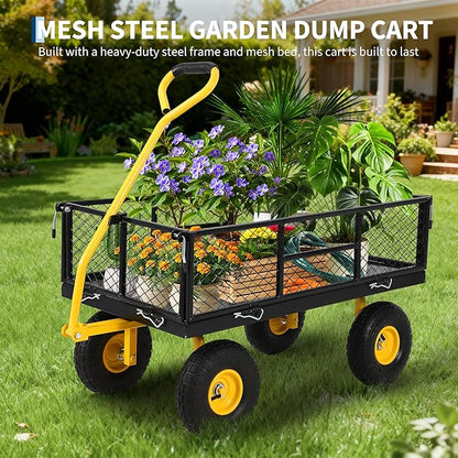 900 Lbs Heavy Duty Steel Garden Cart, Garden Wagon Cart on Wheels, Outdoor Metal Yard Utility Wagon Carts with and Mesh Removable Sides(Convert to Flatbed) and 180°Rotating Handle,Black