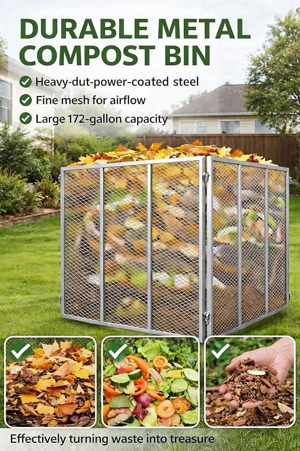Large Compost Bin Outdoor - Metal Wire Mesh Compost Bins with Rust-Proof Coating, Easy to Assemble Square Garden Compost Bin for Yard Waste, Leaves & Kitchen Scraps 37x37x30 Inches Gray