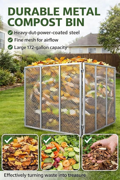 Large Compost Bin Outdoor - Metal Wire Mesh Compost Bins with Rust-Proof Coating, Easy to Assemble Square Garden Compost Bin for Yard Waste, Leaves & Kitchen Scraps 37x37x30 Inches Gray