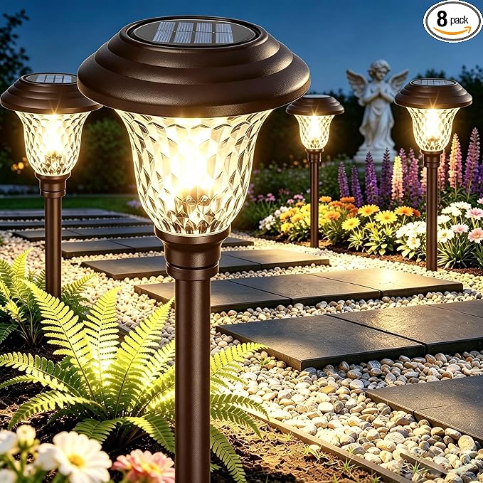 BEAU JARDIN 8 Pack Solar Pathway Lights White+Color Changing Stainless Steel 3 Mode Outdoor Multicolor Metal Solar Powered Waterproof Glass for Garden Landscape Path Yard Walkway Driveway Bronze