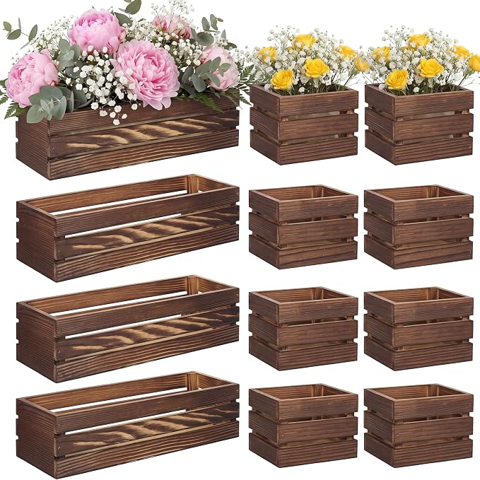 Leinuosen 12 Wooden Planter Boxes Set, 4 Pcs 12 x 4 Inch Rectangle Wood Planter Box 8 Pcs 4 x 4 Inch Wooden Cube Flower Pots Rustic Square Wood Vase for Centerpiece Wedding Decoration (Striped,Brown)