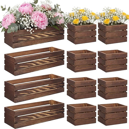 Leinuosen 12 Wooden Planter Boxes Set, 4 Pcs 12 x 4 Inch Rectangle Wood Planter Box 8 Pcs 4 x 4 Inch Wooden Cube Flower Pots Rustic Square Wood Vase for Centerpiece Wedding Decoration (Striped,Brown)