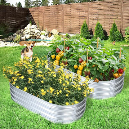 Aoodor Galvanized Raised Garden Bed Kit 2 Pcs, 4 x 2 x 1 Ft Oval Outdoor Metal Planter Box for Vegetables, Flowers & Herbs, Silver