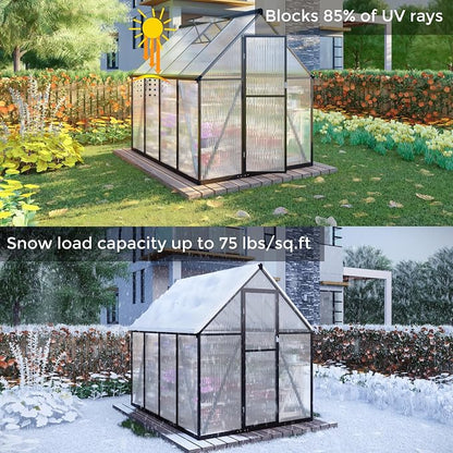 6 x 8 FT Greenhouse for Outdoors, Polycarbonate Greenhouse with Quick Setup Structure and Roof Vent, Aluminum Large Walk-in Green House for Outside Garden Backyard, Dark Gray