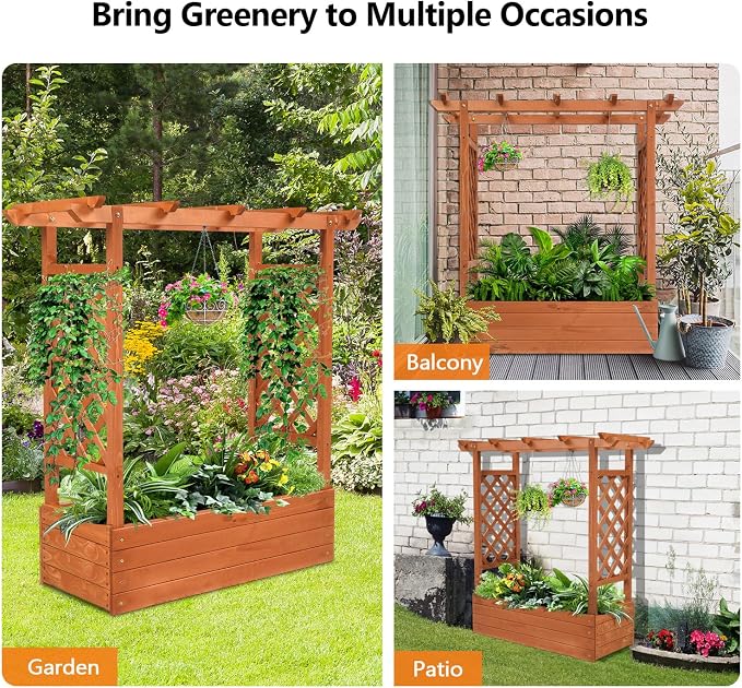 VINGLI Raised Garden Bed with Trellis & Hanging Roof, Wooden Planter Box with Drainage Holes for Outdoor Climbing Plants Vegetables Flowers, Patio Yard Balcony (Teak, Medium)