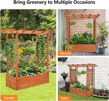 VINGLI Raised Garden Bed with Trellis & Hanging Roof, Wooden Planter Box with Drainage Holes for Outdoor Climbing Plants Vegetables Flowers, Patio Yard Balcony (Teak, Medium)