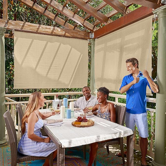 Coolaroo Outdoor Roller Shade with Wand - 80% UV Block Breathable Light Filtering Shade for Patio or Porch, Fade-Resistant, Easy-Clean Fabric, 8ft x 6ft, Sesame
