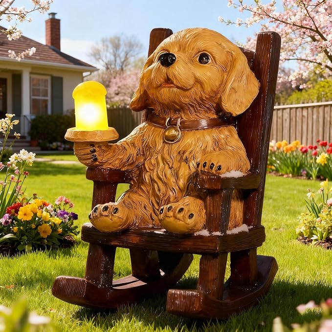 Solar Dog Garden Statue - Outdoor Dog Decor with Solar Lantern, Resin Solar Garden Statue Waterproof for Patio Porch Yard and Lawn - Dogs Figurines Gifts for Mom Grandma Women Dogs Lovers Housewarming