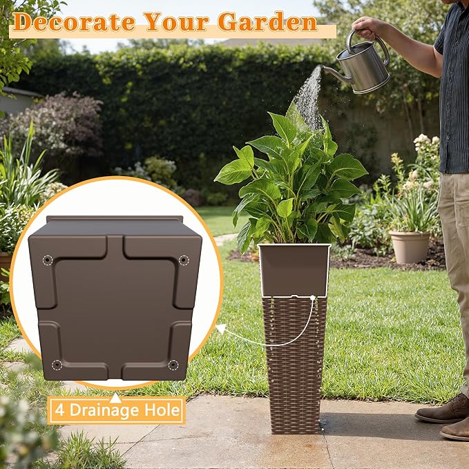 Greesum 23 Inch Tall Plastic Planters (Set of 2), Large Outdoor Flower Pots with Detachable Inner Pot & Drainage Holes for Plants, Trees, Patio, and Garden, Brown