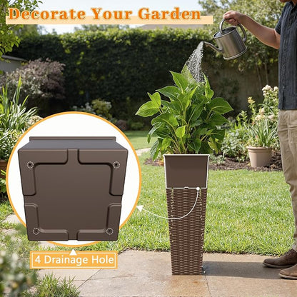 Greesum 23 Inch Tall Plastic Planters (Set of 2), Large Outdoor Flower Pots with Detachable Inner Pot & Drainage Holes for Plants, Trees, Patio, and Garden, Brown