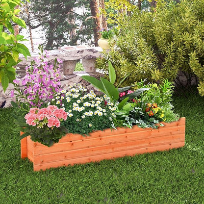 Raised Garden Bed, 44” x 11” x 10” Wooden Flower Bed with 2 Drainage Holes & Removable Bottom, Long Narrow Decorative Garden Bed, Planter Box Outdoor for Vegetables Flowers Fruits Herbs