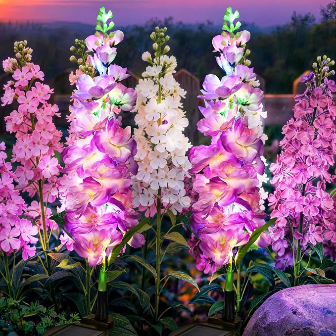 GIGALUMI Solar Lights Outdoor for Garden Decor, 2 Pack Solar Flower Lights Waterproof, 2 Lighting Modes Delphinium for Pathway,Yard, Patio, 4th of July Decoration, Gifts for Women (Purple)