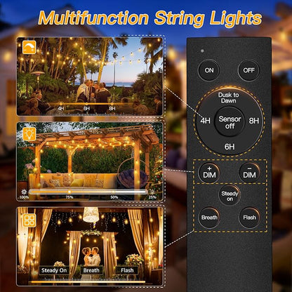 Ollny S11 Outdoor String Lights with Remote, 30 FT 3 Modes Dimmable Timers Waterproof Connectable Patio Lights, 15+1 LED Spare Bulb Dusk to Dawn Hanging Light for Indoor Porch Balcony Cafe