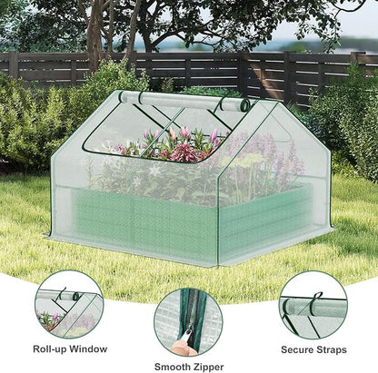 Aoodor 4 x 4 x 1 ft Galvanized Raised Garden Bed, Mini Greenhouse Kit with 2 Roll-up Zipper Doors for Vegetables, Flowers, and Herbs, White