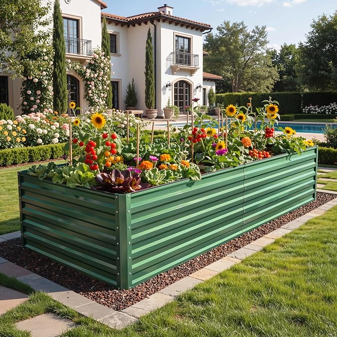 YITAHOME 2pcs 8x4x2ft Galvanized Raised Garden Bed, Metal Planter Box with Safety Rubber, Gloves, Outdoor Flower Bed for Planting Plants Vegetables, Green