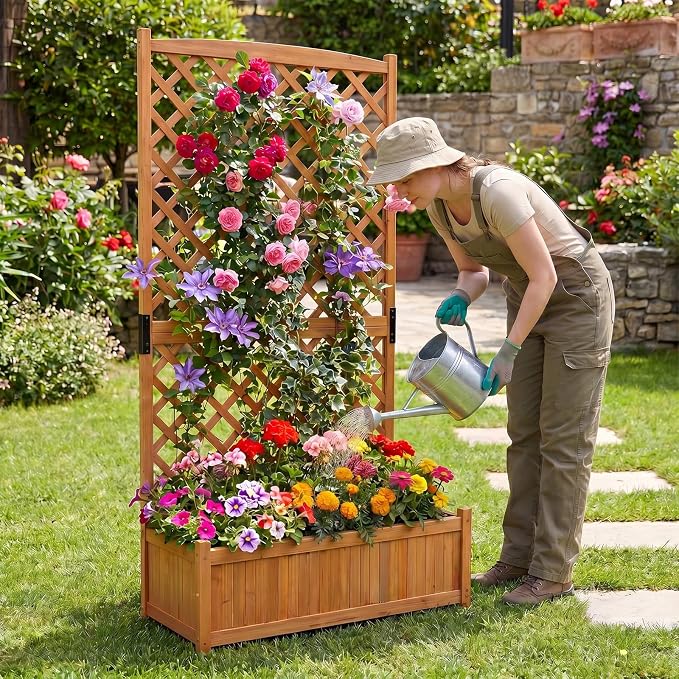 HAPPYGRILL Raised Garden Bed with Trellis, 71" Planter Raised Bed with Drainage Holes, Freestanding Garden Planter for Vine Climbing Plants, Wooden Planter Box for Yard Balcony(1, Yellow)