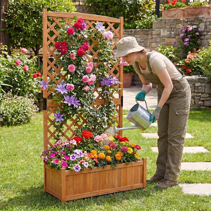 HAPPYGRILL Raised Garden Bed with Trellis, 71" Planter Raised Bed with Drainage Holes, Freestanding Garden Planter for Vine Climbing Plants, Wooden Planter Box for Yard Balcony(1, Yellow)