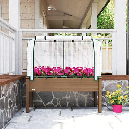 Outsunny Raised Garden Bed with PE Greenhouse Cover Outdoor Elevated Wood Planter Box for Herbs and Vegetables, Use for Patio, Backyard, Balcony, 48 x 22 x 46 inch, Brown