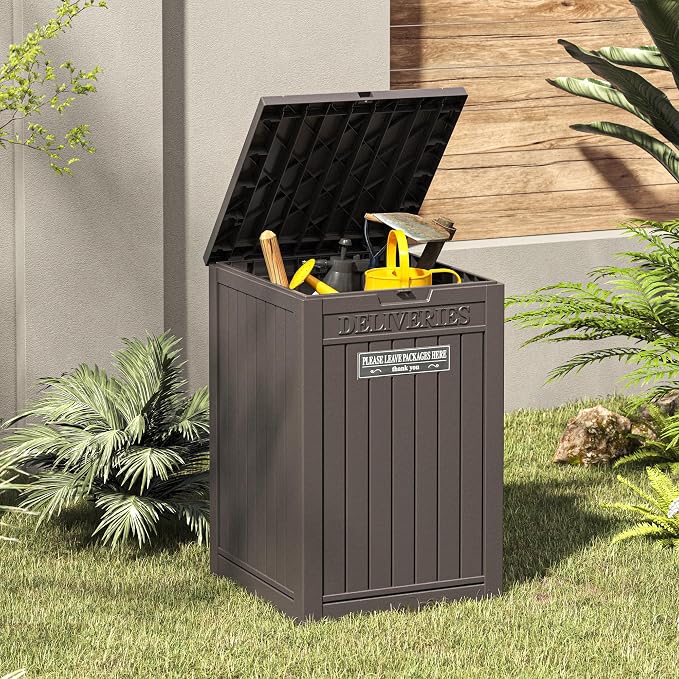 LHBGO Package Delivery Box for Outside with Sticker, 48 Gallon Storage with Lockable Secure, Large Double Wall Resin Outdoor Package Delivery Waterproof Deck
