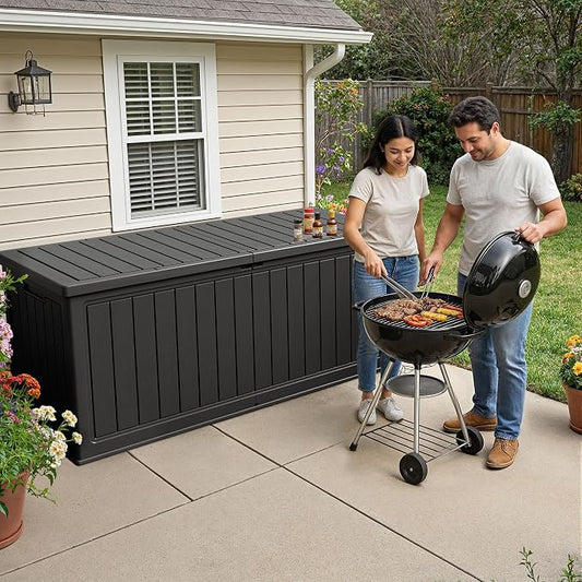 270 Gallon HDPE Deck Box Outdoor Indoor Waterproof Storage Box for Patio Furniture, Pool Accessories, Garden Tools, and Cushion Storage, Black