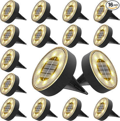 Joomer Solar Ground Lights Outdoor Waterproof, 16 Pack 8 LED, Warm White | Solar Powered Garden Lights Disc Landscape Lighting Outdoor for Patio Pathway Lawn Yard Driveway Walkway outside