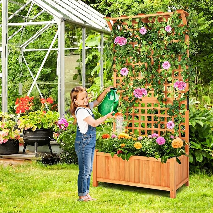 COSTWAY Raised Garden Bed with Trellis, Indoor & Outdoor Wooden Planter Box with Hanging Roof, Drainage Holes, Freestanding Vertical Planter for Vines, Climbing Plants, Flowers, Vegetables