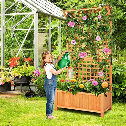 COSTWAY Raised Garden Bed with Trellis, Indoor & Outdoor Wooden Planter Box with Hanging Roof, Drainage Holes, Freestanding Vertical Planter for Vines, Climbing Plants, Flowers, Vegetables