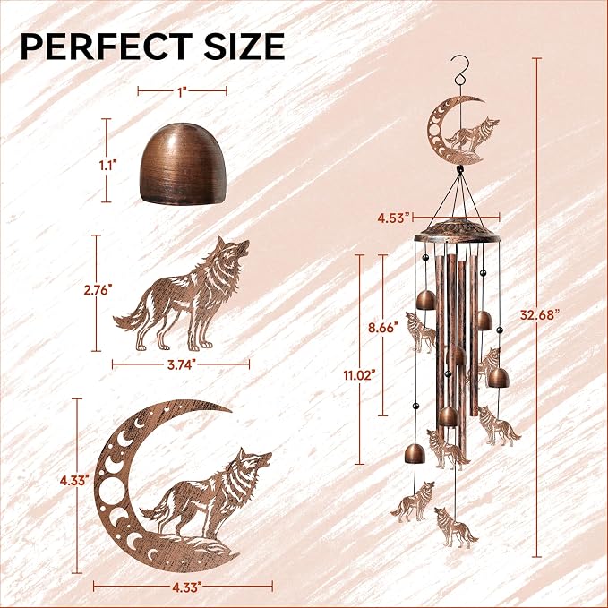 Wolf Wind Chimes Outdoor Wolf Gifts for Women/Men/Mom/Grandma Birthday Gifts Memorial Gift Metal WindChimes for Outside/Indoors, Home, Lawn, Porch, Patio, Garden Decor, Yard Decorations