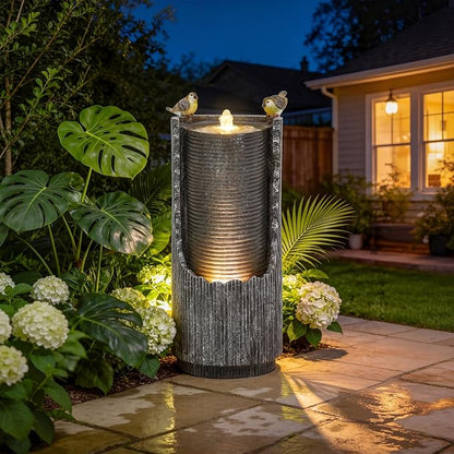 Autodaya Outdoor Water Fountain 32" Distressed Fluted Column with Lights | polyresin concrete-inspired water feature with bird sculpture, gentle cascading flow for garden, patio, deck or yard oasis