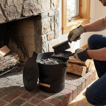 Pure Garden Ash Bucket - Metal Bucket with Lid (2.11-Gallon), Broom, and Shovel for Fireplace or Firepit Ashes - Fireplace Tools (Black) - 1 Count