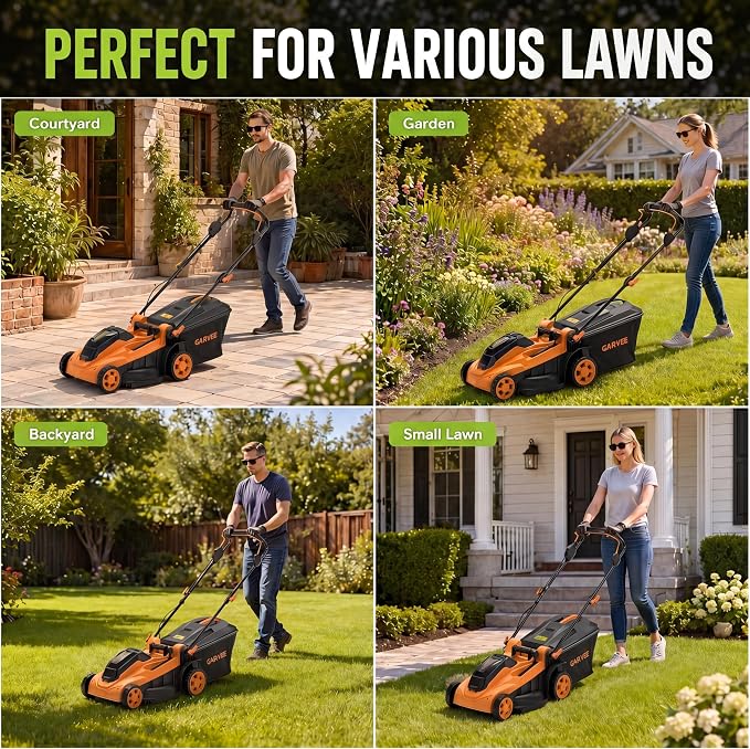 Garvee Cordless Lawn Mower, 17-Inch Battery Powered Electric Push Mower, 2-in-1 Mulching & Bagging, 6 Cutting Heights, 40L Grass Bag, Lightweight Walk-Behind Mower for Small to Medium Yards, Orange