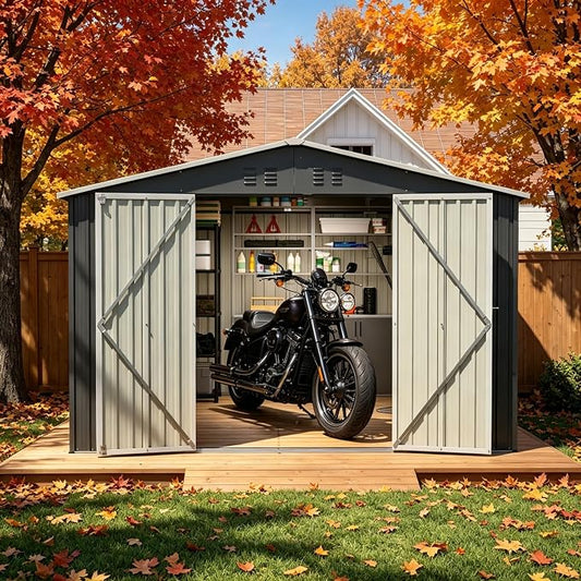 PVWIIK 10x10 FT Large Outdoor Metal Storage Shed, Heavy Duty Waterproof Steel Garden Tool Shed with Lockable Doors, Utility Storage Building for Backyard Patio Lawn Garden, Black