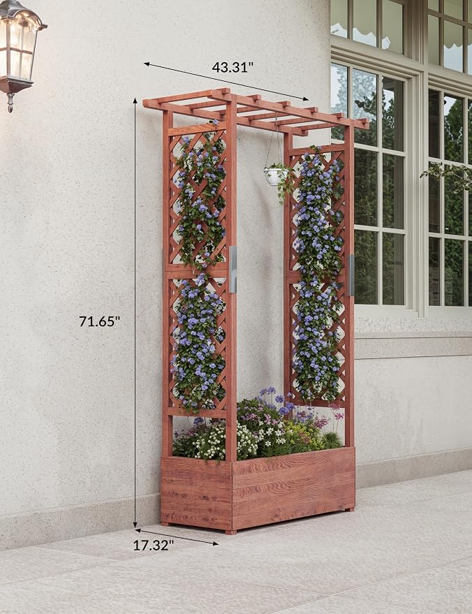 Patikuin 45" Elevated Wooden Raised Garden Bed with Trellis & Canopy, Freestanding Planter Box with Side Supports & Drainage Holes, Large Vertical Planter for Climbing Plants, Vines, Flowers, Patio